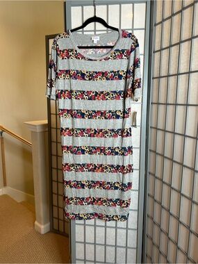NWT LuLaRoe Grey Striped Floral Julia Dress